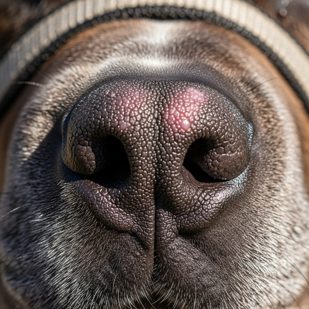 A close-up shot showing chafing marks on a dog's nose from a poorly fitted halter.